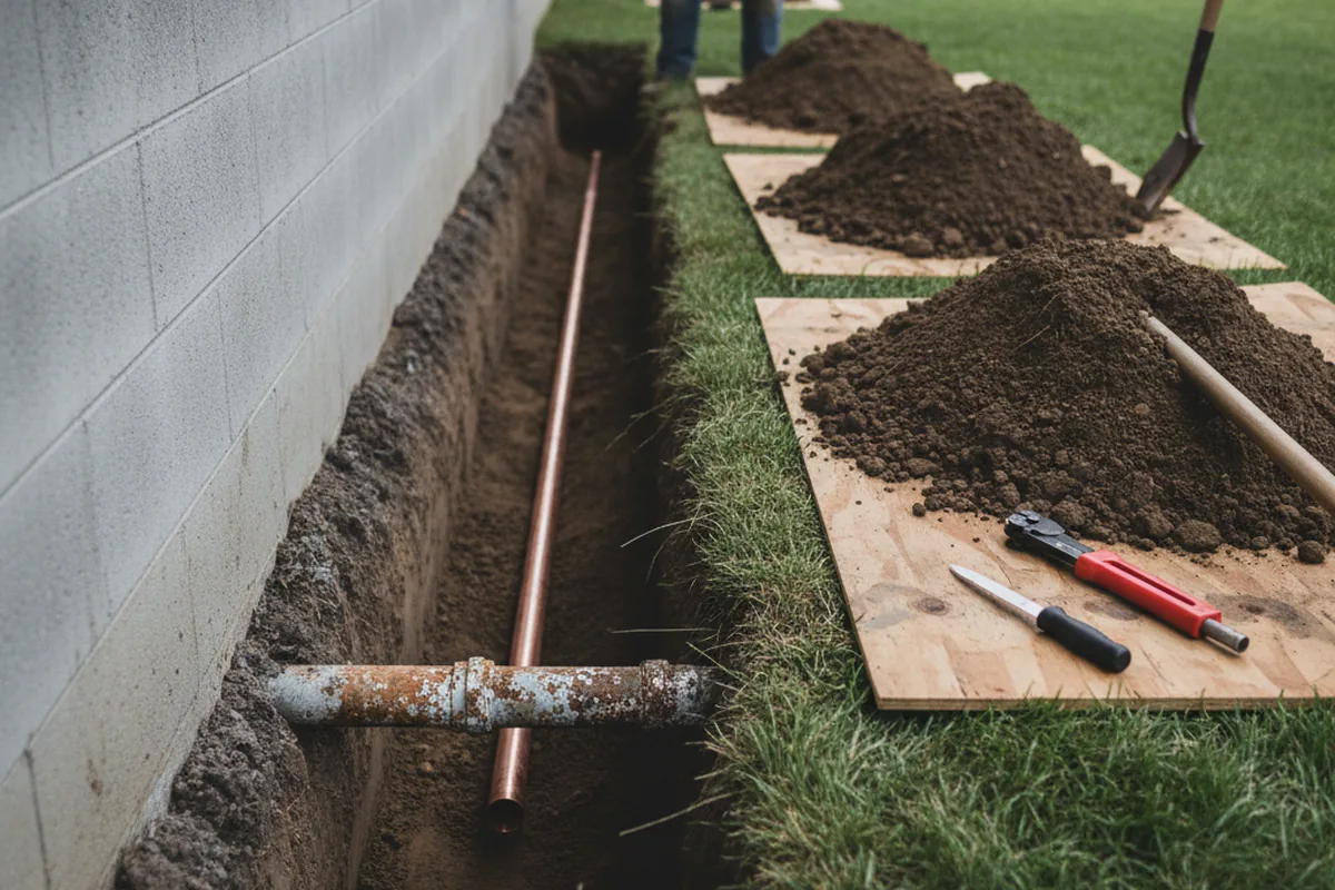 Excavated water line trench during Water Softener Installation in Bluff City